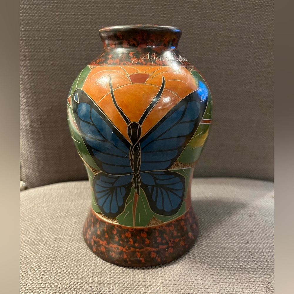 🔥Antonio Gallegos Rare Signed Folk Art Pottery Jungle/Rain Forest Vase VGUC